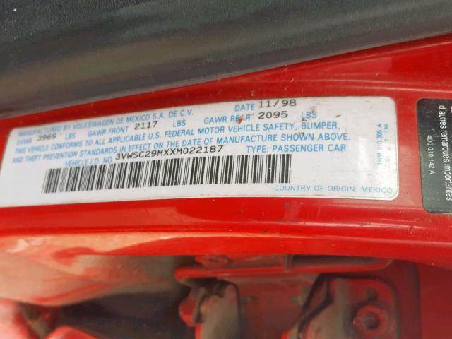 3VWSC29MXXM022187 - 1999 VOLKSWAGEN JETTA GLS RED photo 10