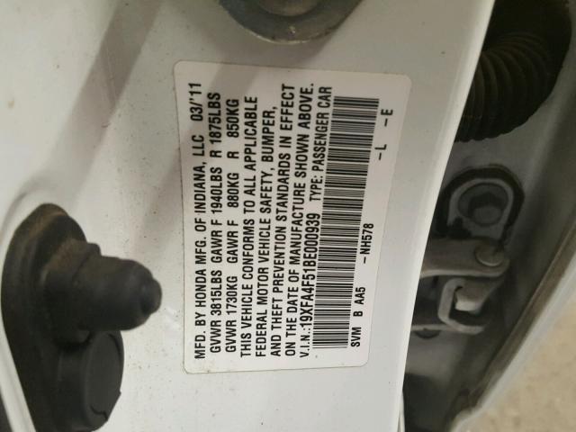 19XFA4F51BE000939 - 2011 HONDA CIVIC GX WHITE photo 10