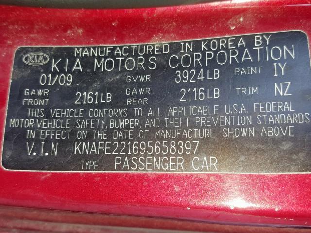 KNAFE221695658397 - 2009 KIA SPECTRA EX RED photo 10