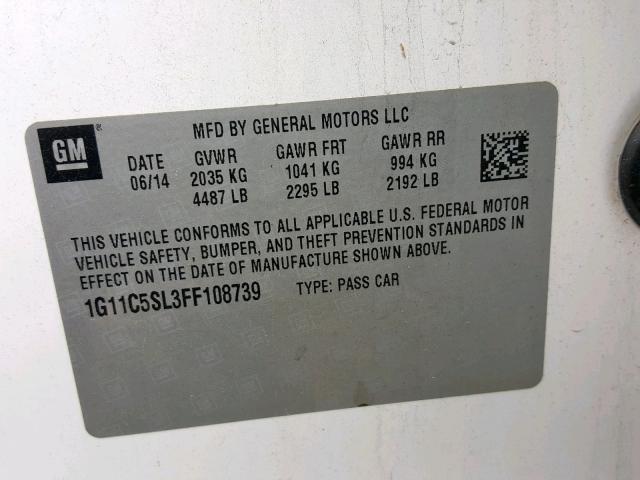 1G11C5SL3FF108739 - 2015 CHEVROLET MALIBU 1LT 白色 照片 10