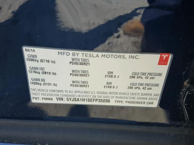 5YJSA1H16EFP35096 - 2014 TESLA MODEL S BLUE photo 10