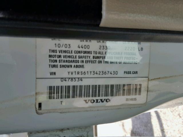 YV1RS61T342367430 - 2004 VOLVO S60 WHITE photo 10