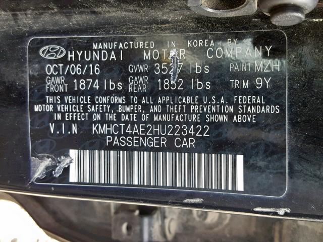 KMHCT4AE2HU223422 - 2017 HYUNDAI ACCENT SE BLACK photo 10