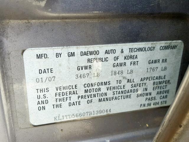 KL1TD56607B139044 - 2007 CHEVROLET AVEO BASE Күміс фото 10