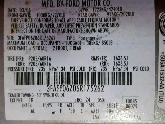 3FAFP06Z06R175262 - 2006 FORD FUSION S GRAY photo 10