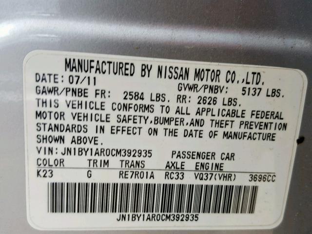 JN1BY1AR0CM392935 - 2012 INFINITI M37 X SILVER photo 10