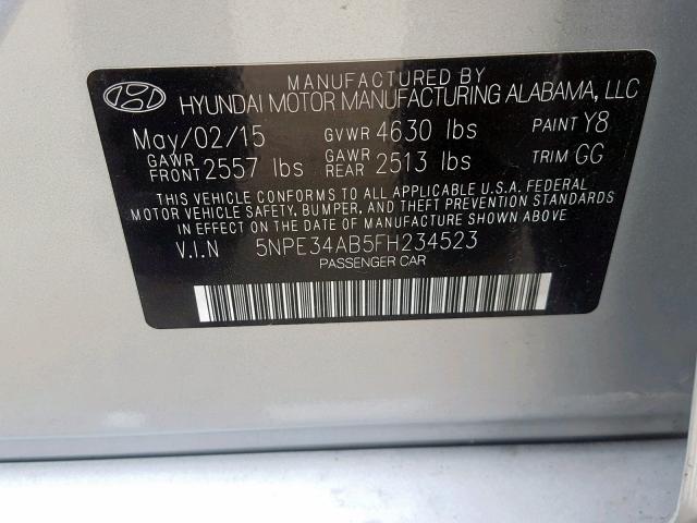 5NPE34AB5FH234523 - 2015 HYUNDAI SONATA SPO SILVER photo 10