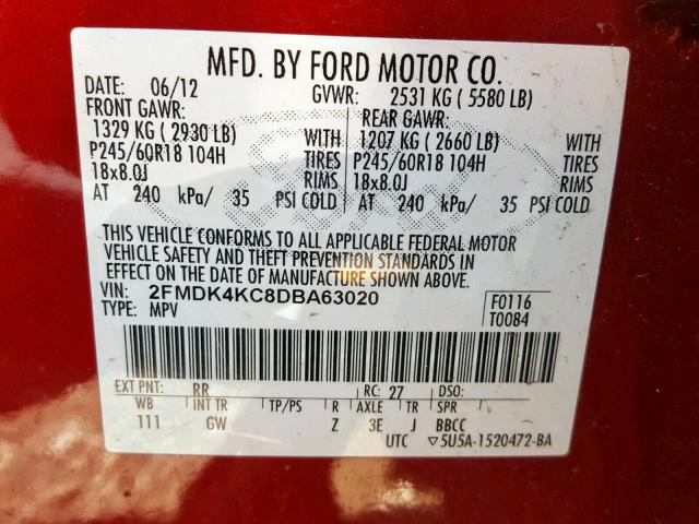 2FMDK4KC8DBA63020 - 2013 FORD EDGE LIMIT RED photo 10