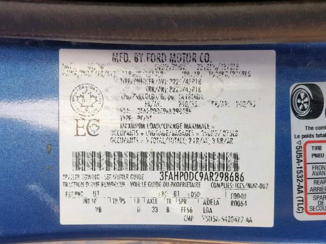 3FAHP0DC9AR298686 - 2010 FORD FUSION SPO BLUE photo 10