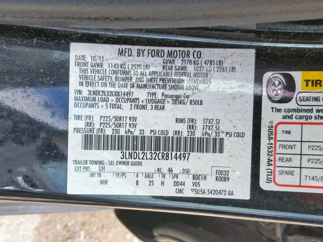 3LNDL2L32CR814497 - 2012 LINCOLN MKZ HYBRID BLACK photo 10