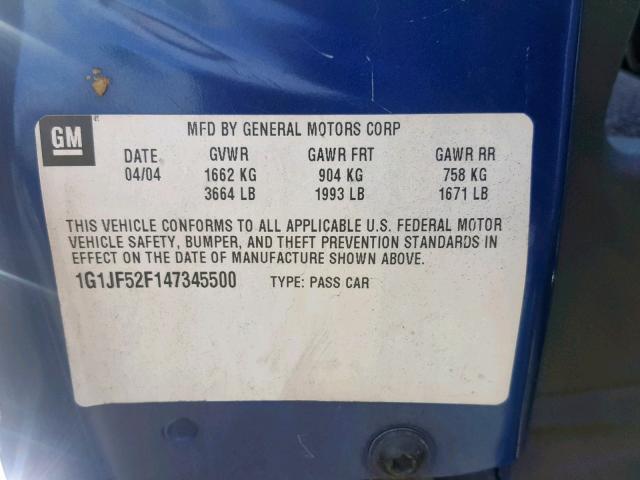 1G1JF52F147345500 - 2004 CHEVROLET CAVALIER L BLUE photo 10