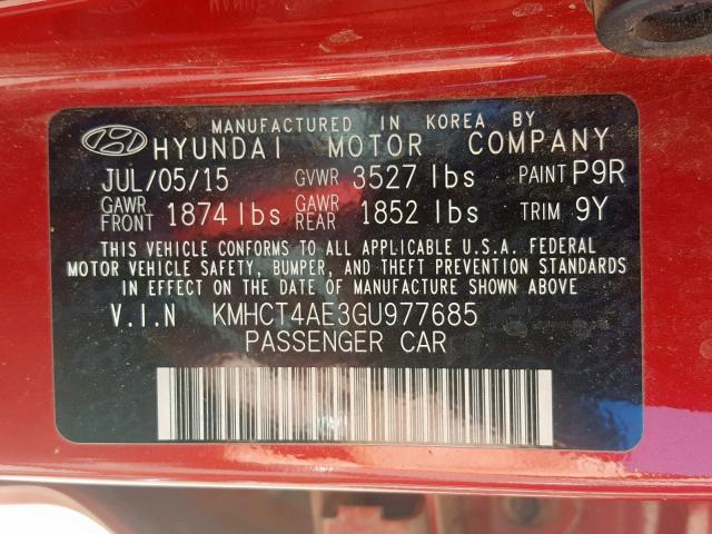 KMHCT4AE3GU977685 - 2016 HYUNDAI ACCENT SE RED photo 10