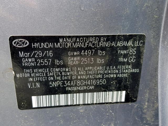 5NPE34AF8GH416950 - 2016 HYUNDAI SONATA SPO GRAY photo 10