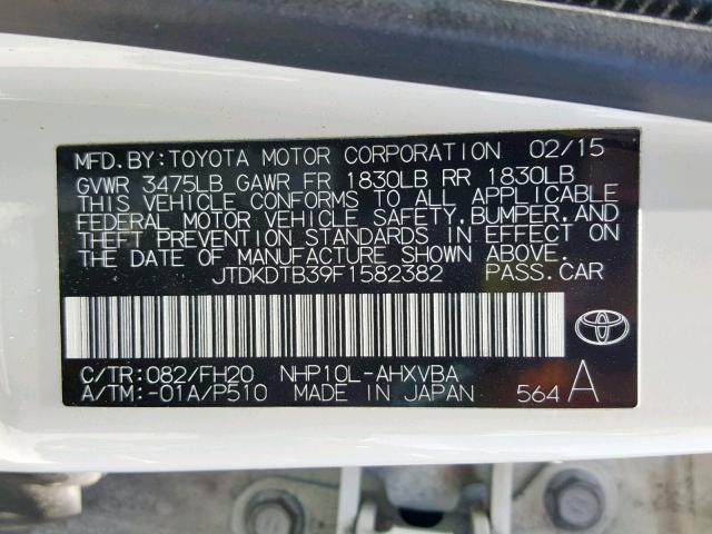 JTDKDTB39F1582382 - 2015 TOYOTA PRIUS C WHITE photo 10