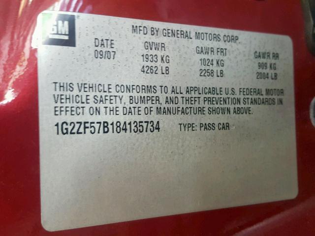 1G2ZF57B184135734 - 2008 PONTIAC G6 VALUE L RED photo 10