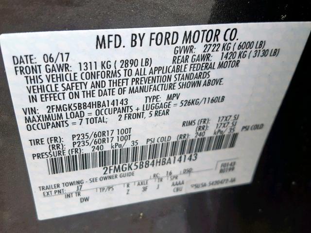 2FMGK5B84HBA14143 - 2017 FORD FLEX SE GRAY photo 10