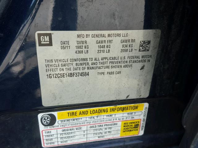 1G1ZC5E14BF374584 - 2011 CHEVROLET MALIBU 1LT BLUE photo 10