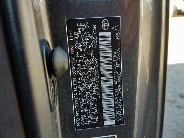 JTKJF5C72C3033991 - 2012 TOYOTA SCION TC ნაცრისფერი ფოტო 10