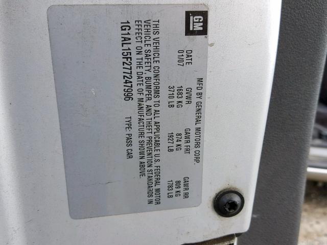 1G1AL15F277247996 - 2007 CHEVROLET COBALT LT SILVER photo 10