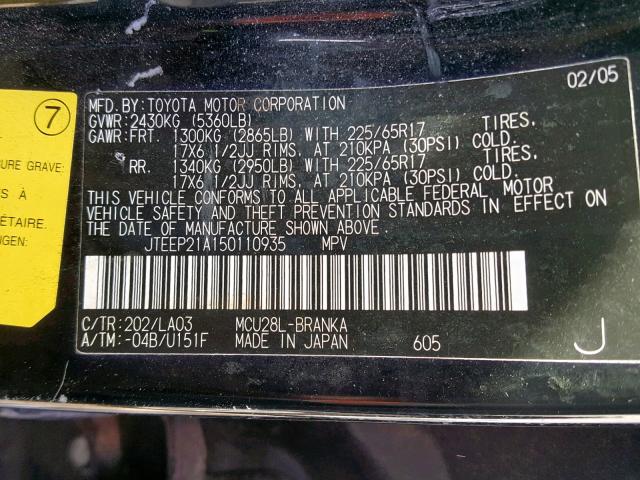 JTEEP21A150110935 - 2005 TOYOTA HIGHLANDER BLACK photo 10