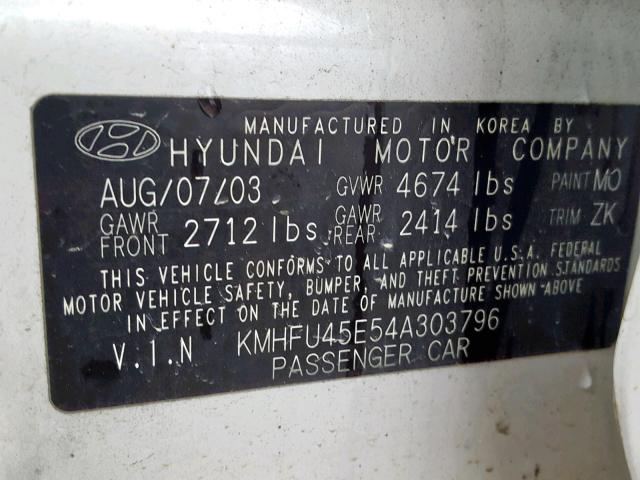 KMHFU45E54A303796 - 2004 HYUNDAI XG 350 WHITE photo 10