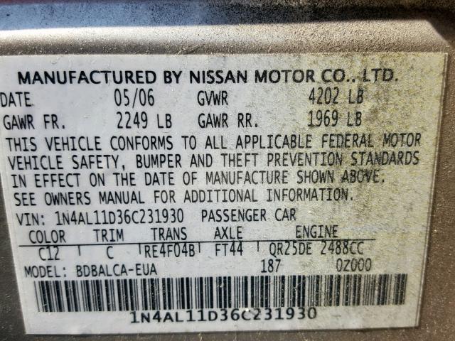 1N4AL11D36C231930 - 2006 NISSAN ALTIMA S GOLD photo 10