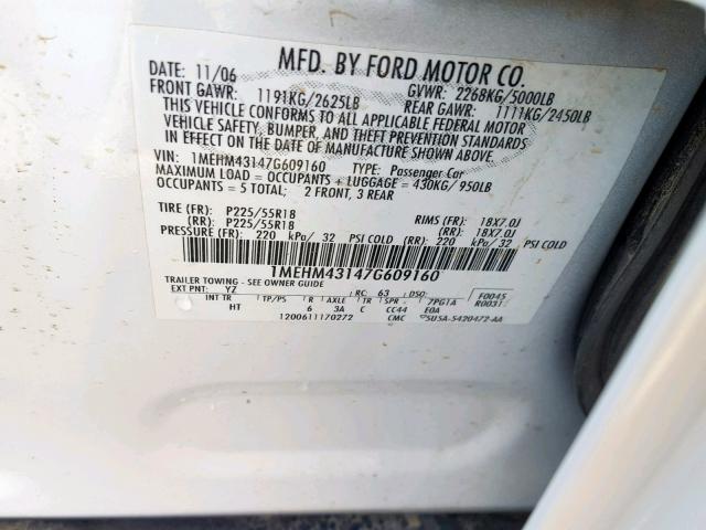 1MEHM43147G609160 - 2007 MERCURY MONTEGO PR 白色 照片 10