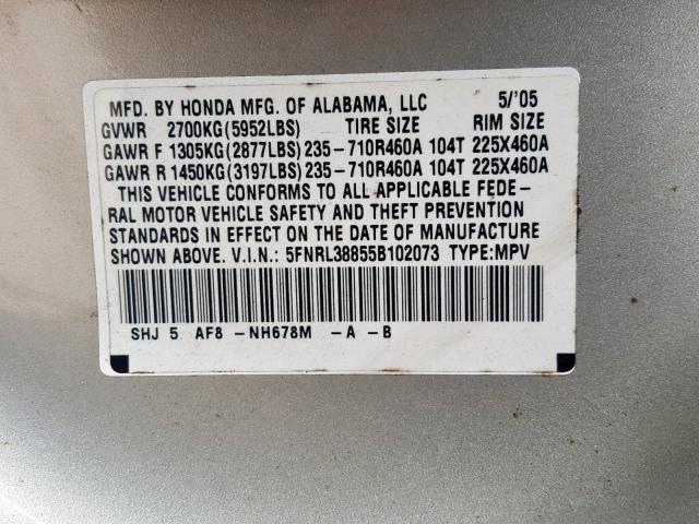 5FNRL38855B102073 - 2005 HONDA ODYSSEY TO SILVER photo 10