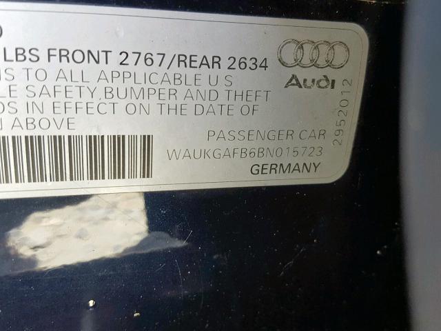 WAUKGAFB6BN015723 - 2011 AUDI A6 PRESTIG BLUE photo 10