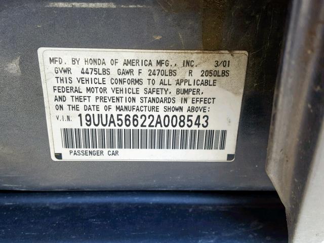 19UUA56622A008543 - 2002 ACURA 3.2TL CHARCOAL photo 10