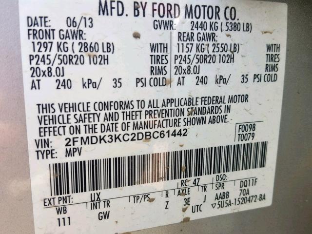 2FMDK3KC2DBC61442 - 2013 FORD EDGE LIMIT SILVER photo 10