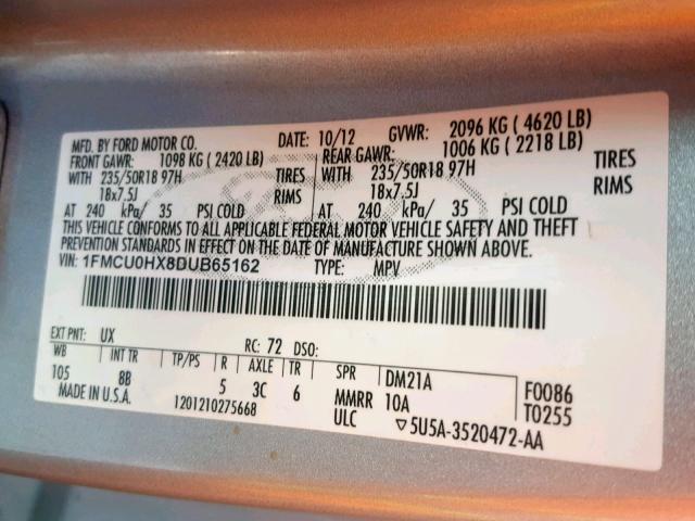 1FMCU0HX8DUB65162 - 2013 FORD ESCAPE SEL SILVER photo 10