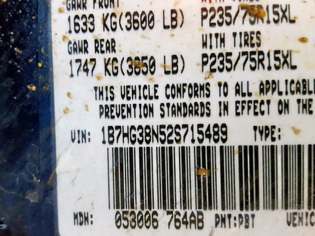 1B7HG38N52S715489 - 2002 DODGE DAKOTA QUA BLUE photo 10