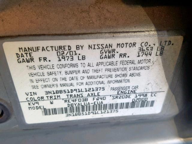 3N1BB51D91L121375 - 2001 NISSAN SENTRA SE SILVER photo 10