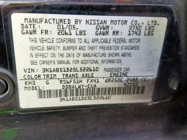 3N1AB51D25L522610 - 2005 NISSAN SENTRA SE- BLACK photo 10