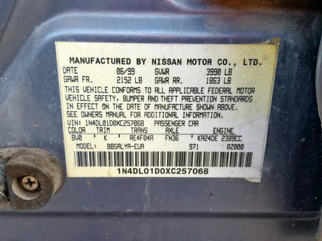 1N4DL01D0XC257068 - 1999 NISSAN ALTIMA XE BLUE photo 10