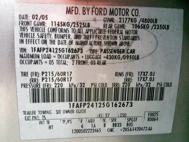 1FAFP24125G162673 - 2005 FORD FIVE HUNDR SILVER photo 10