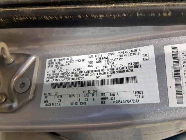 1FMCU0F73FUB24735 - 2015 FORD ESCAPE S SILVER photo 10