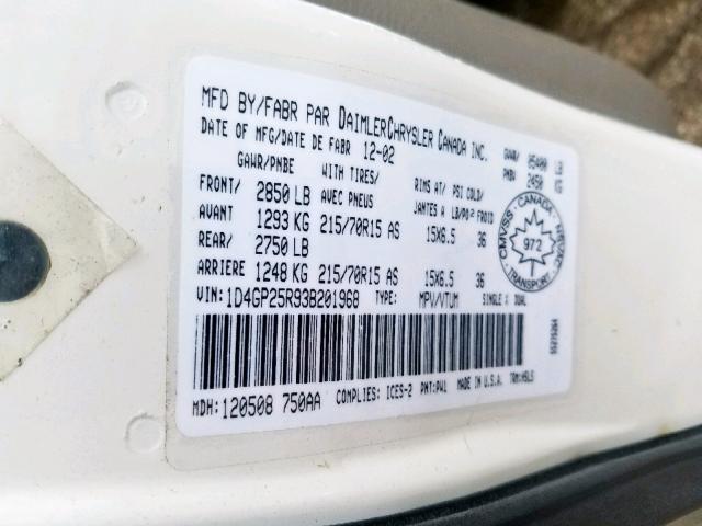 1D4GP25R93B201968 - 2003 DODGE CARAVAN SE WHITE photo 10