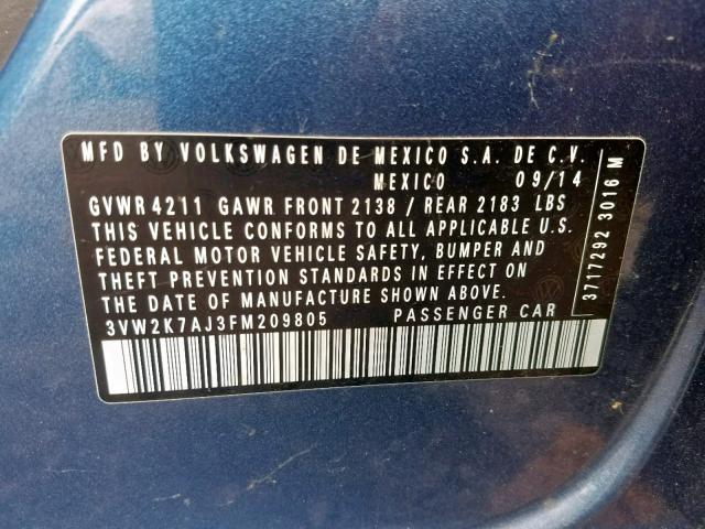 3VW2K7AJ3FM209805 - 2015 VOLKSWAGEN JETTA BASE Mavi foto 10