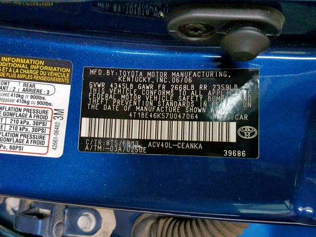 4T1BE46K57U047064 - 2007 TOYOTA CAMRY NEW BLUE photo 10