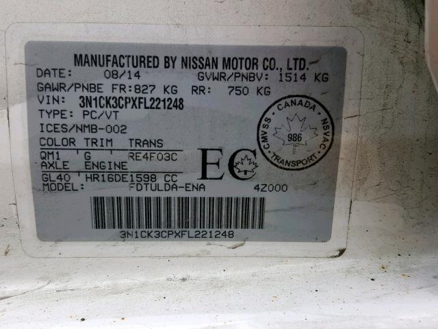 3N1CK3CPXFL221248 - 2015 NISSAN MICRA WHITE photo 10