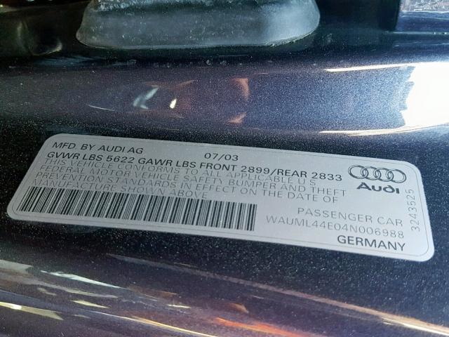 WAUML44E04N006988 - 2004 AUDI A8 L QUATT BLUE photo 10