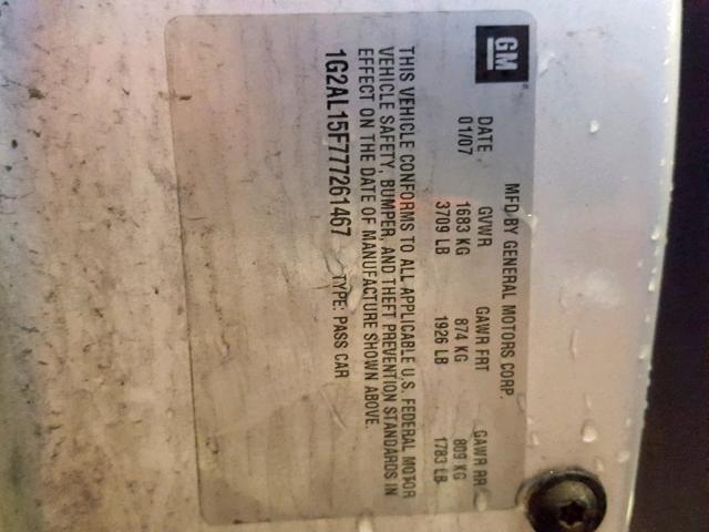 1G2AL15F777261467 - 2007 PONTIAC G5 SILVER photo 10