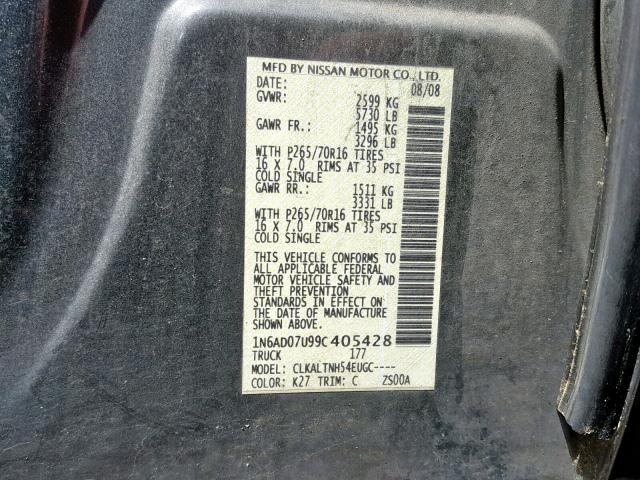 1N6AD07U99C405428 - 2009 NISSAN FRONTIER C CHARCOAL photo 10