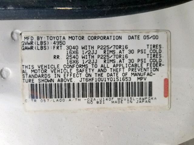 JT6HF10U1Y0151653 - 2000 LEXUS RX 300 WHITE photo 10