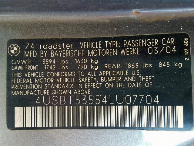 4USBT53554LU07704 - 2004 BMW Z4 3.0 SILVER photo 10