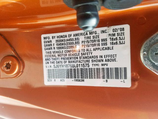 5J6YH18768L011575 - 2008 HONDA ELEMENT EX ORANGE photo 10