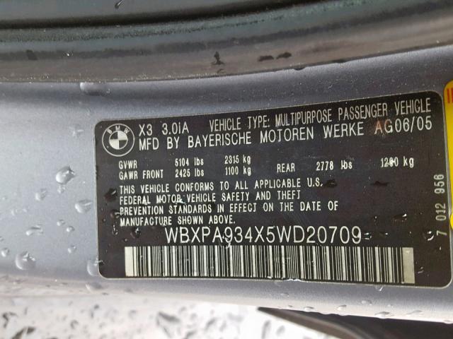 WBXPA934X5WD20709 - 2005 BMW X3 3.0I SILVER photo 10