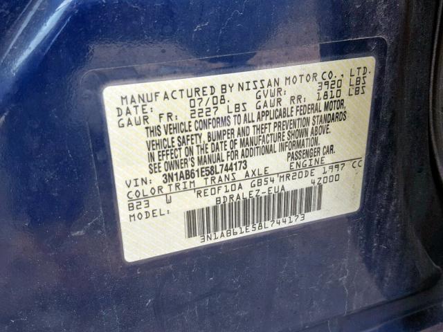 3N1AB61E58L744173 - 2008 NISSAN SENTRA 2.0 BLUE photo 10